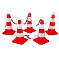 Set de 5 conuri de marcare (50 cm) + lanț din PVC (7,5 mil), 5 cârlige con, Set de 5 conuri de marcare (50 cm) + lanț din PVC (7,5 mil), 5 cârlige con,